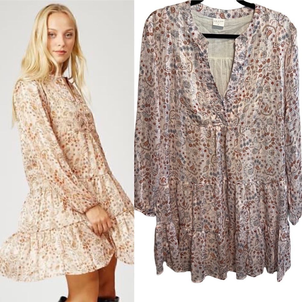 Silk & Salt- Boutique Pink Paisley Floral Popover Tiered Dress,  Size Large